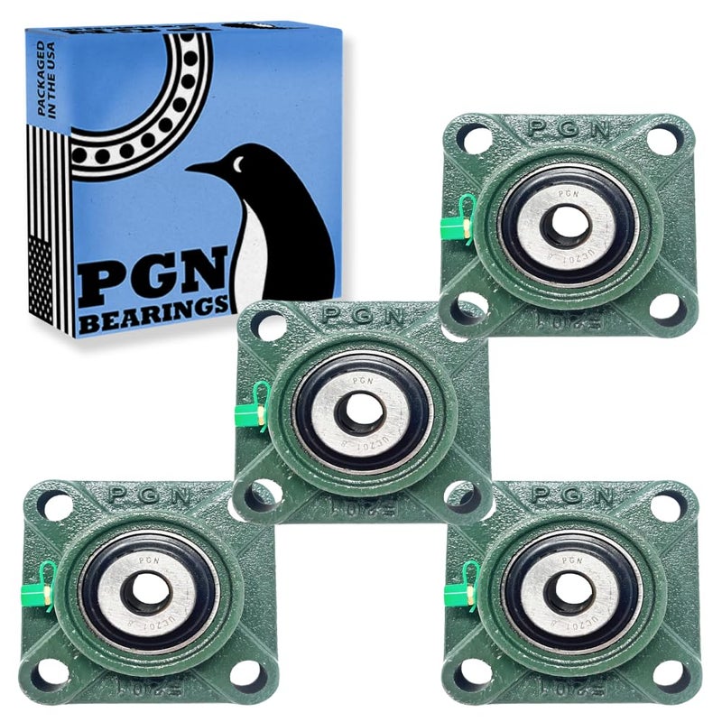 PGN Bearings محمل كتلة الوسادة PGN UCF201-8 - حزمة مكونة من 4 محامل كتلة وسادة مثبتة على شفة مربعة - محامل فولاذية من الكروم مع تجويف 1/2 بوصة - محاذاة ذاتية - Image 1